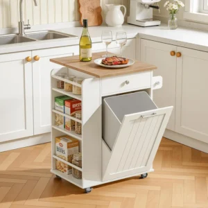 Drop Leaf Portable Kitchen Island with Trash Storage and wheels
